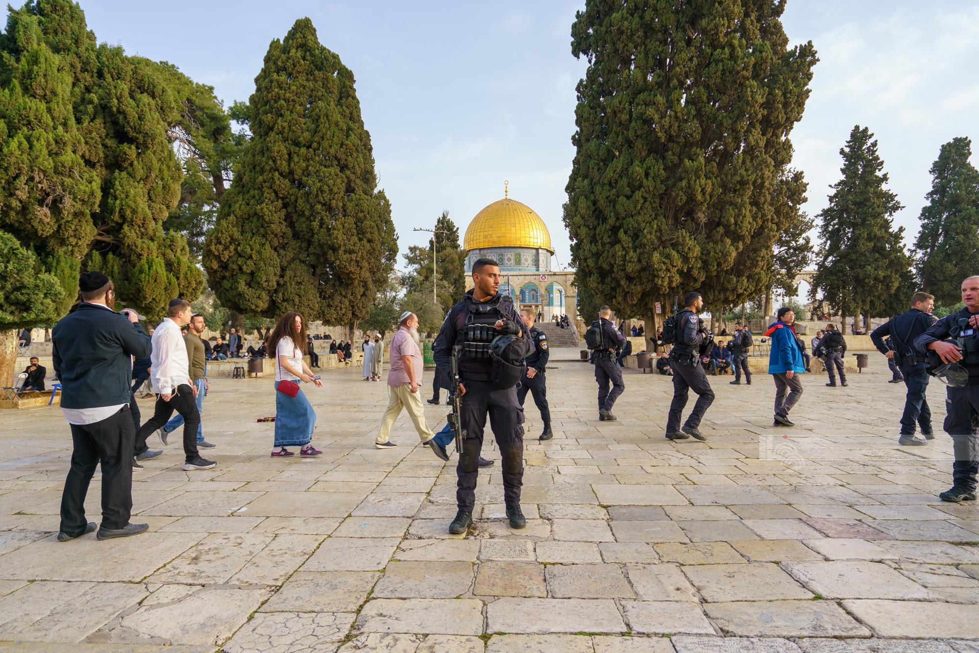 Des colonisateurs, sécurisés par la police d’occupation, profanent la mosquée d’Al-Aqsa
